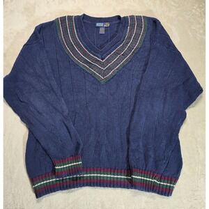 Vintage American Weekend V-Neck Sweater XL Blue Striped Collar Ramie Cotton 90s